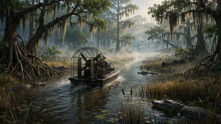 Grassrivers wetlands — airboat gliding past alligators at sunset, GTA 6 concept art