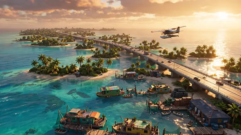 Leonida Keys — tropical island chain with turquoise water and boats, GTA 6 concept art