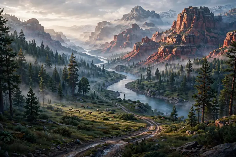 Mount Kalaga — pine forests and mountain trails with off-road vehicles, GTA 6 concept art