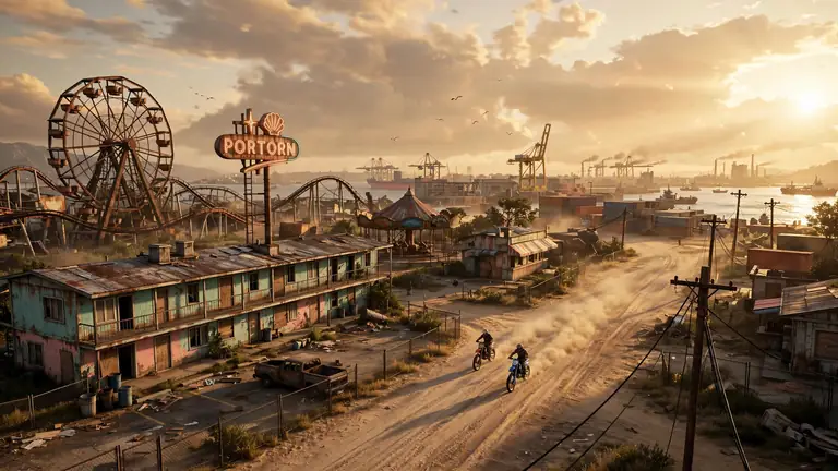 Port Gellhorn — gritty working port with cranes and dirt bikes at dusk, GTA 6 concept art