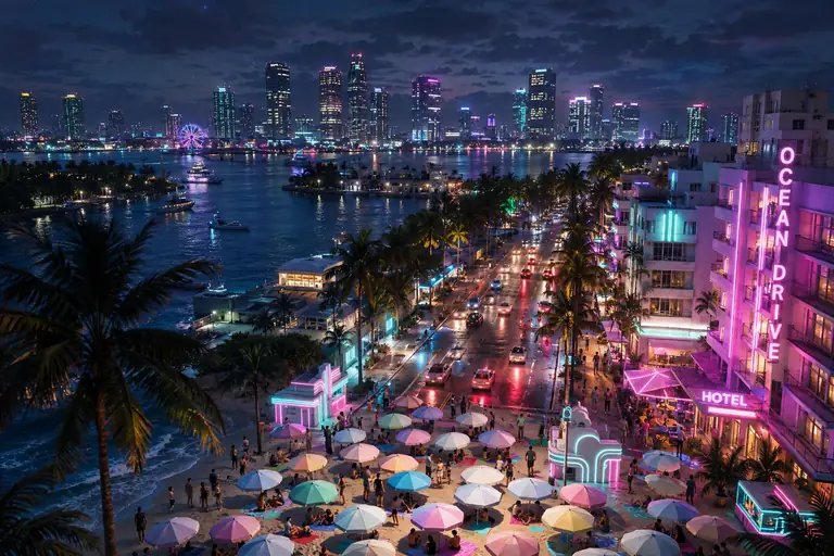 Vice City at night — neon downtown skyline and beachfront, GTA 6 concept art