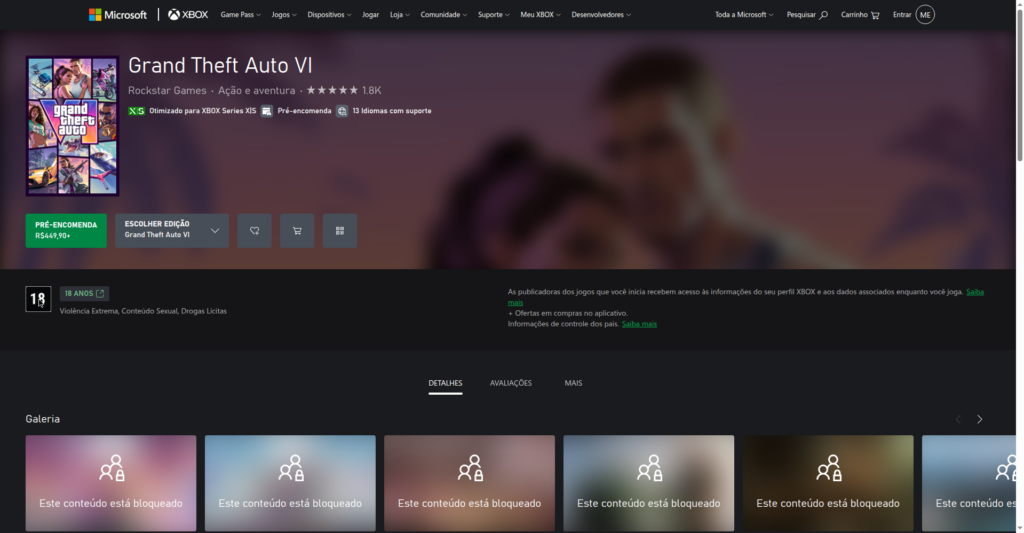 ClassInd 18 seal shown on the Xbox Brazil GTA 6 store page, Oct 12, 2026